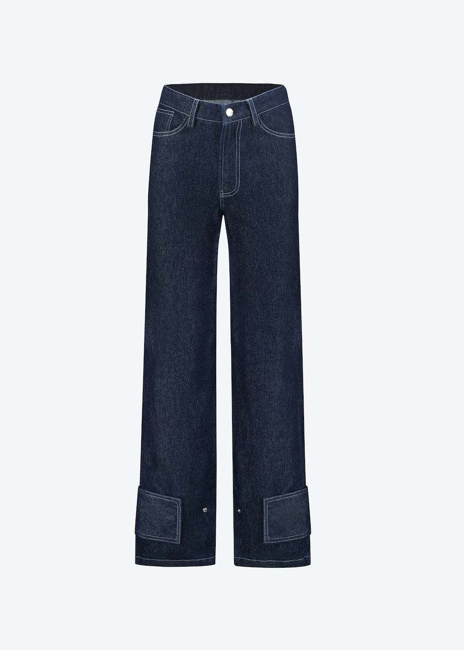 Wide-leg denim pants in dark blue